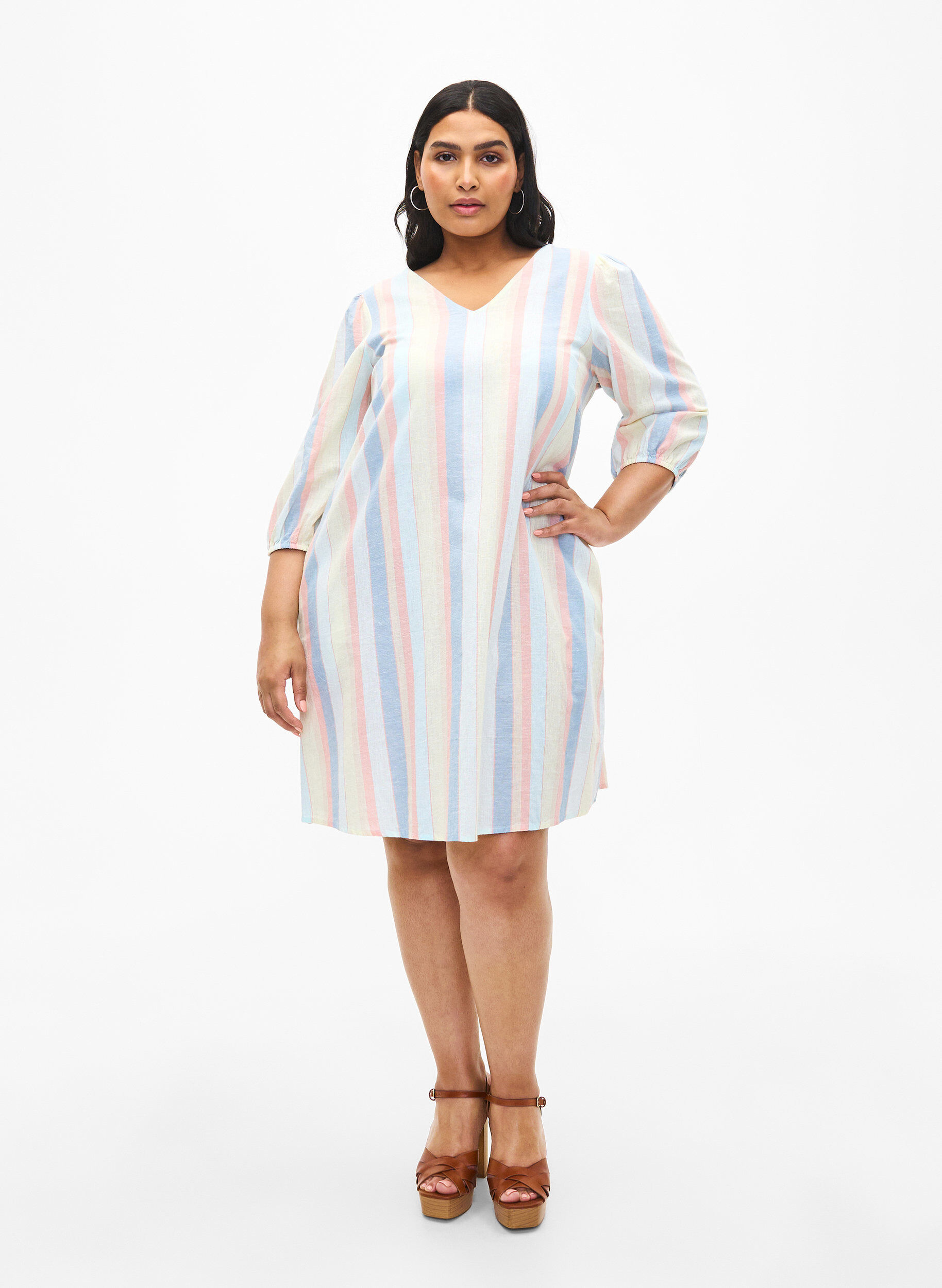 ZizziKurzes Kleid aus Baumwollmischung mit Leinen, Multi Color Stripe, Model image number 2