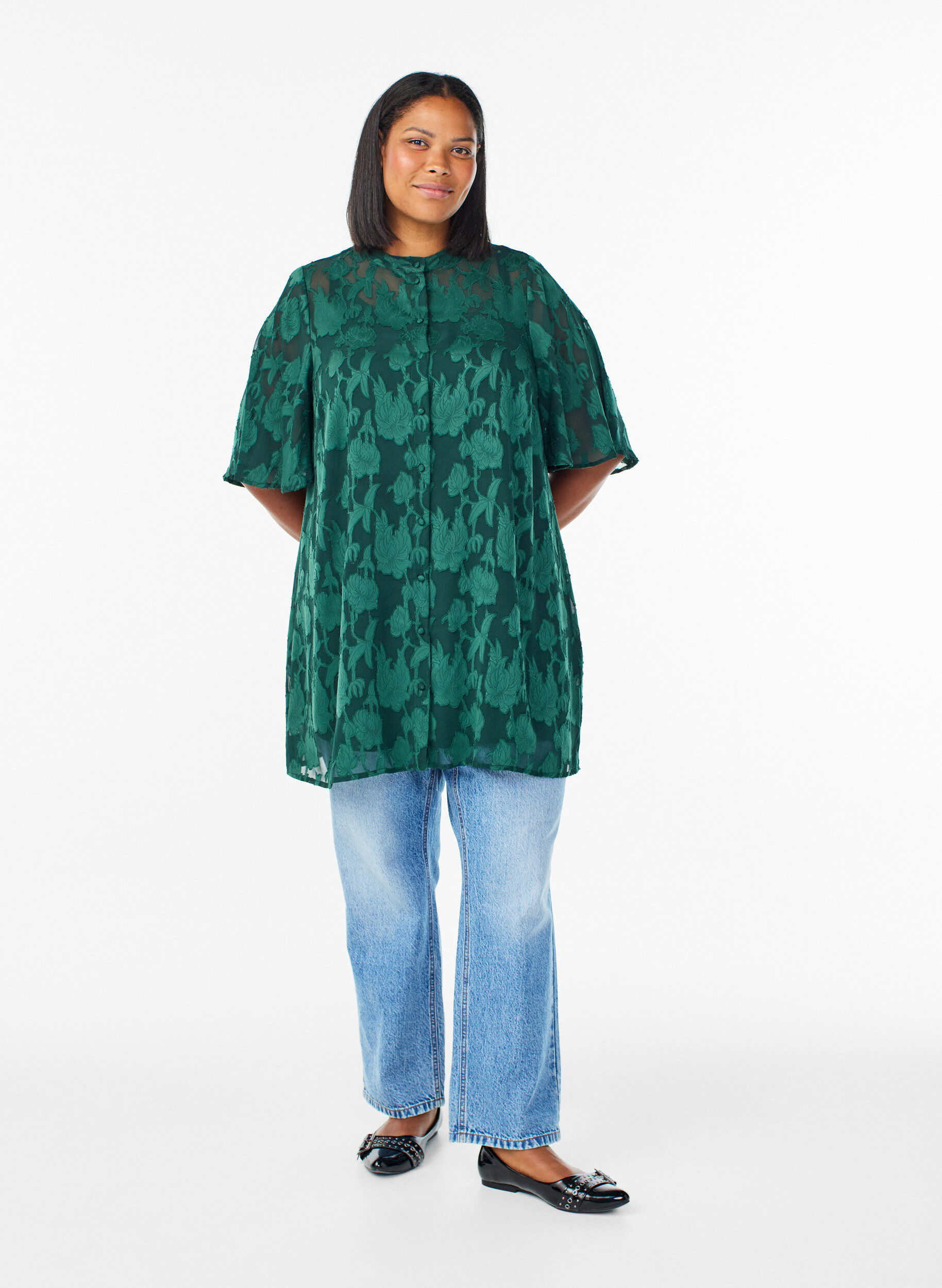 ZizziKurzes A-Linien-Kleid mit Blumenmuster, Gr&uuml;n, Model image number 1