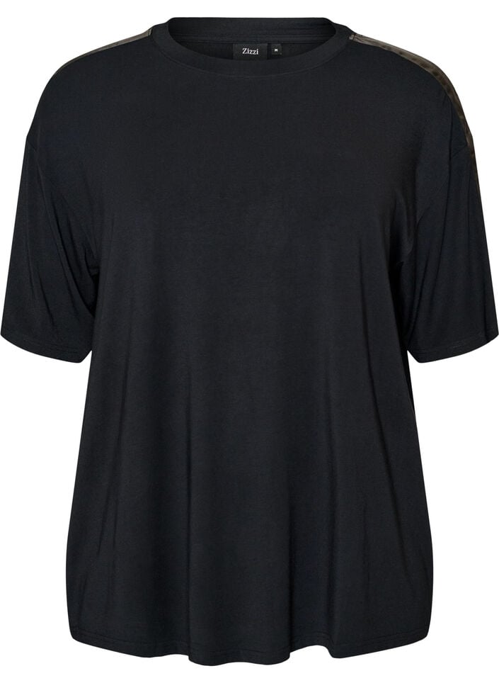 Nacht-T-Shirt aus Modal mit Kontrastband, Schwarz, Packshot image number 0