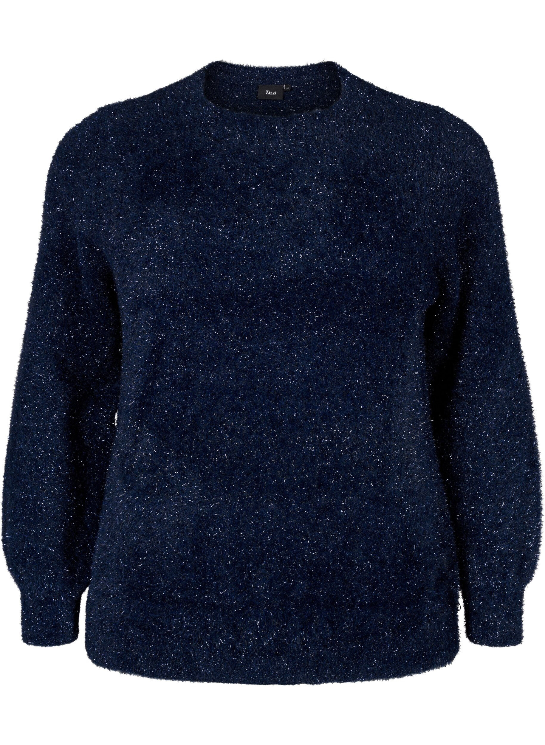 Zizzi Strickbluse mit Glitzerfaden, Blau, Packshot image number 0
