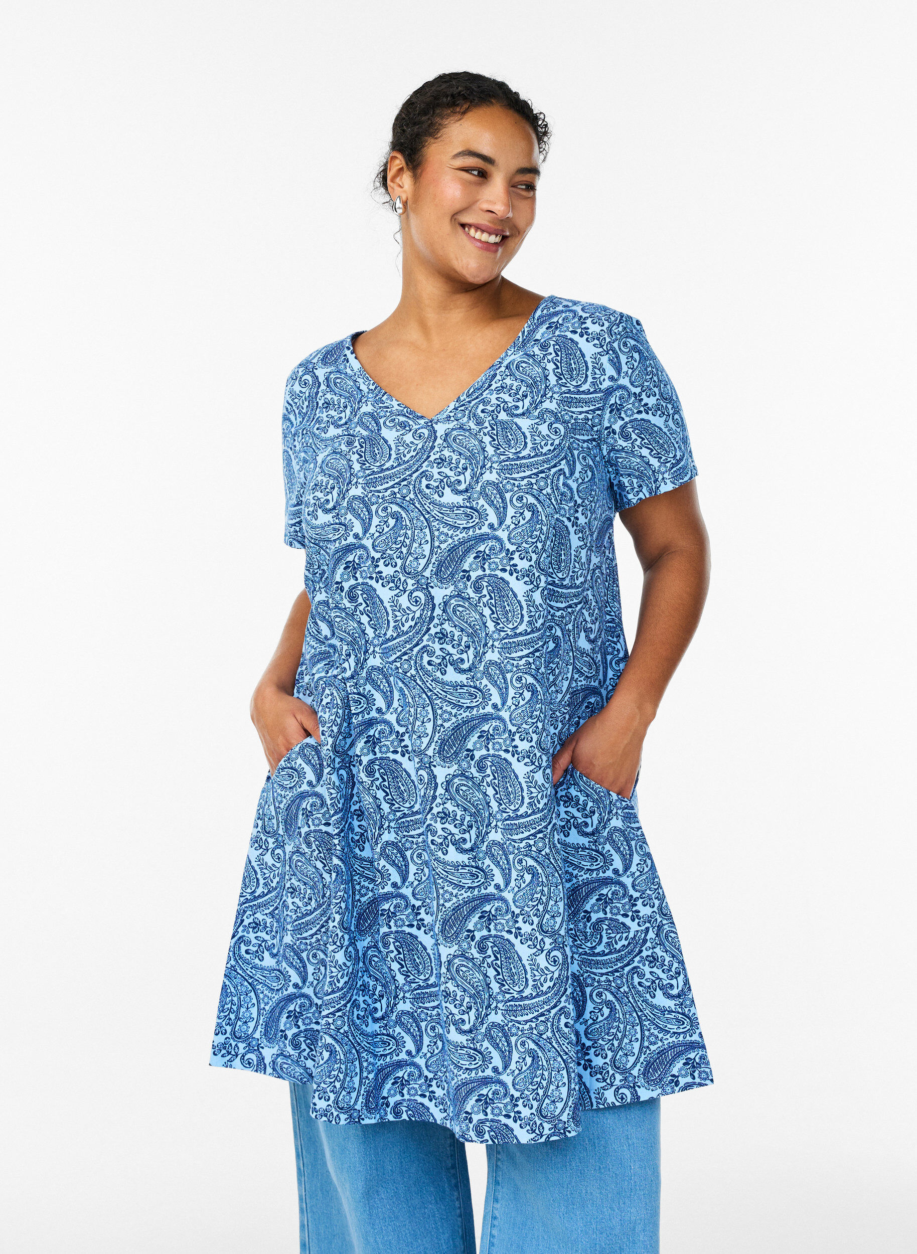 ZizziKurzes A-Linien-Kleid mit Paisleymuster, Blau, Model image number 0