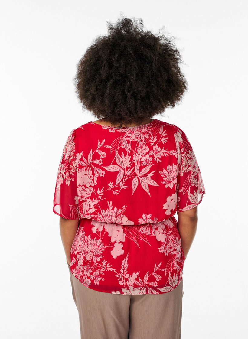 Chiffonbluse mit Blumenmuster und elastischer Taille, Rot, Model image number 2