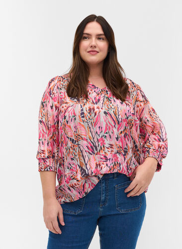 Bluse mit Print, V-Ausschnitt und 3/4-Ärmel, Pink Feather, Model image number 0