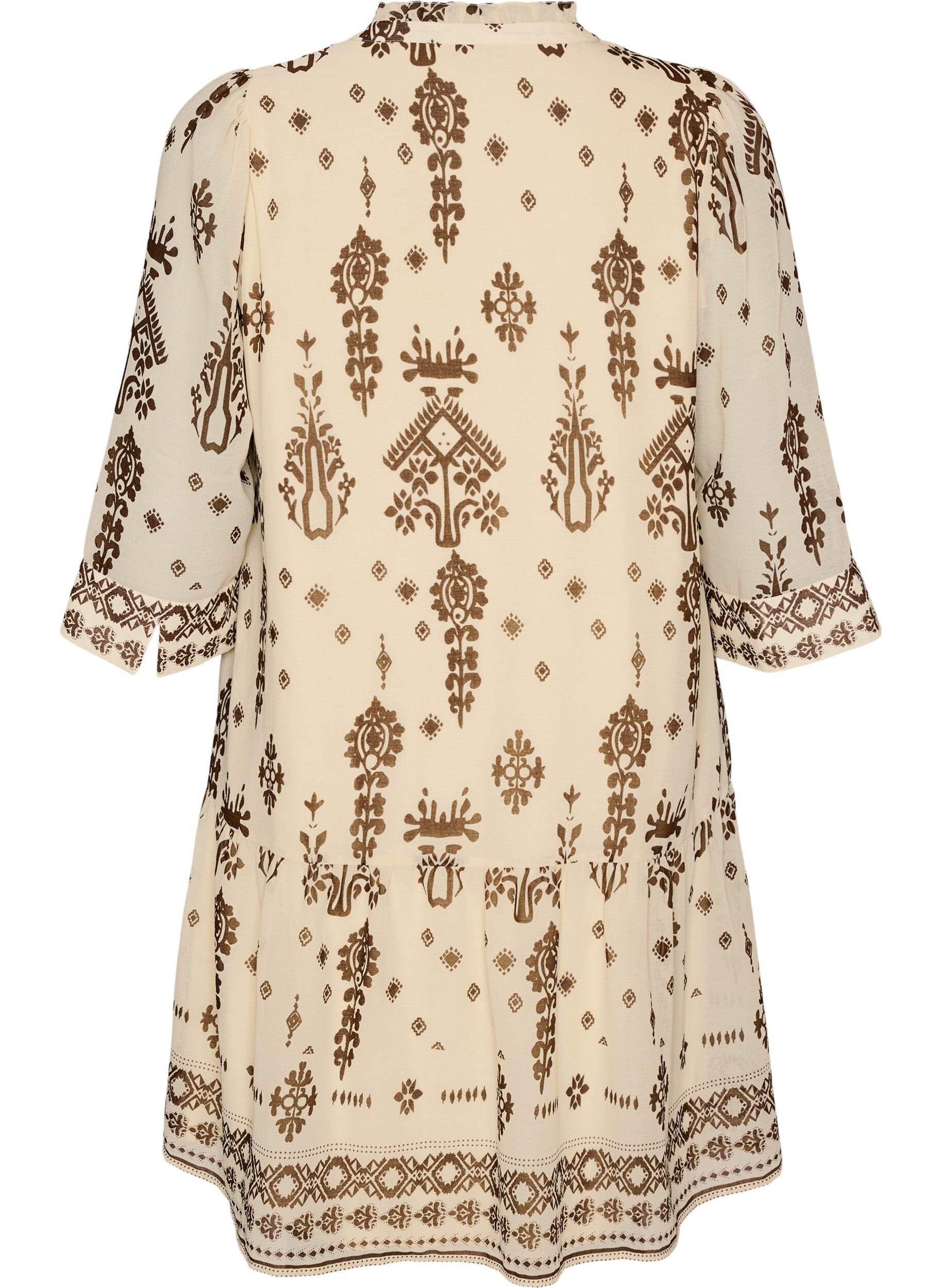 ZizziKleid mit Ornament-Print und R&uuml;schenkragen, Beige, Packshot image number 1