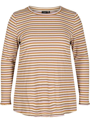 Gestreifte Bluse mit Rundhalsausschnitt und langen Ärmeln, Purple Camel Stripe, Packshot image number 0