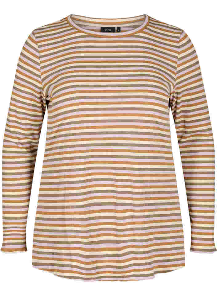 Gestreifte Bluse mit Rundhalsausschnitt und langen Ärmeln, Purple Camel Stripe, Packshot image number 0