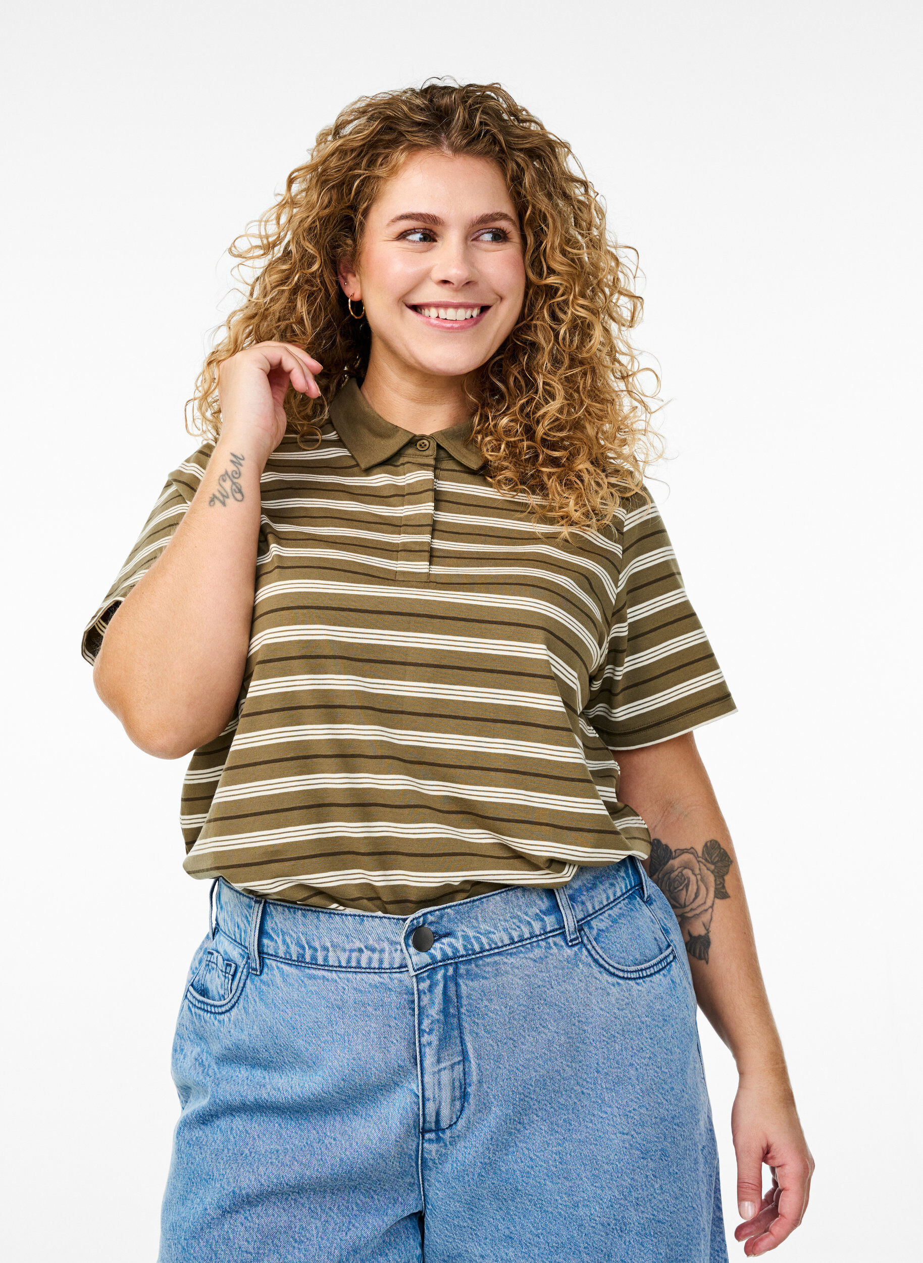 Poloshirt mit Streifen und kurzen &Auml;rmeln, Gr&uuml;n, Model