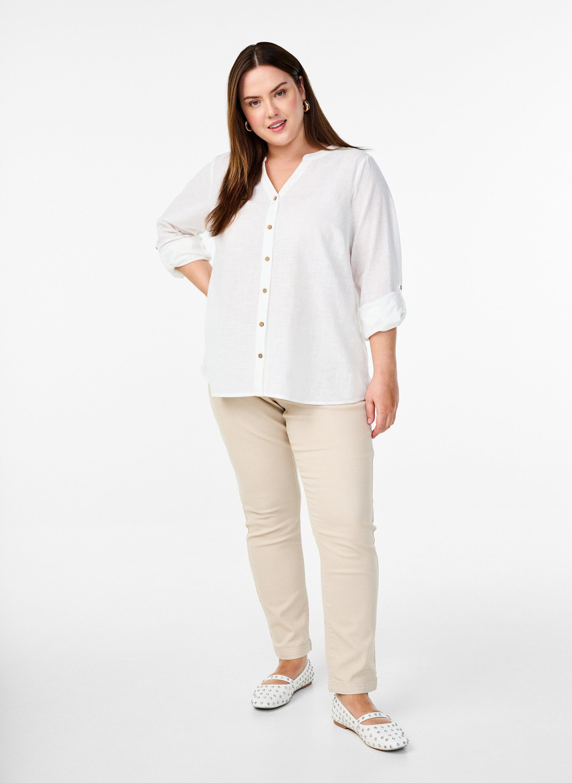 ZizziBaumwollbluse mit V-Ausschnitt, Wei&szlig;, Model image number 1