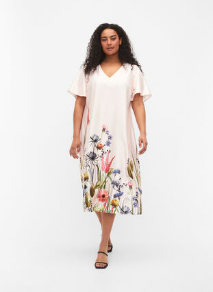 Midi-Kleid mit Blumendruck und kurzen Ärmeln, White Sand, Model image number 0