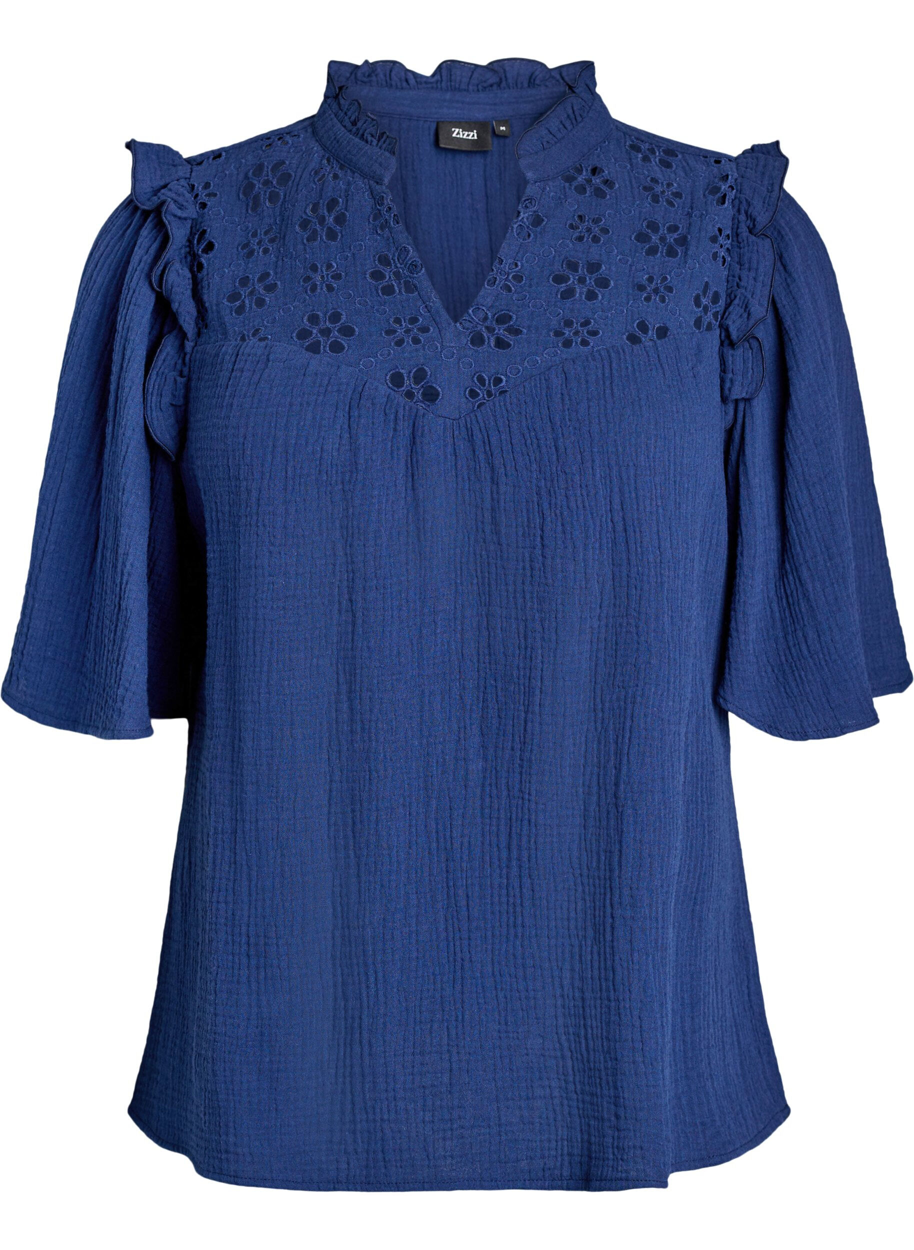 Bluse aus Baumwoll-Musselin mit Broderie Anglaise und 1/2-&Auml;rmeln