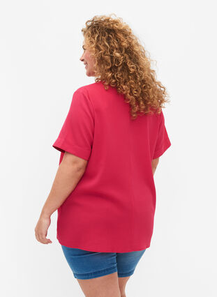 Kurzärmelige Bluse mit V-Ausschnitt, Bright Rose, Model image number 1