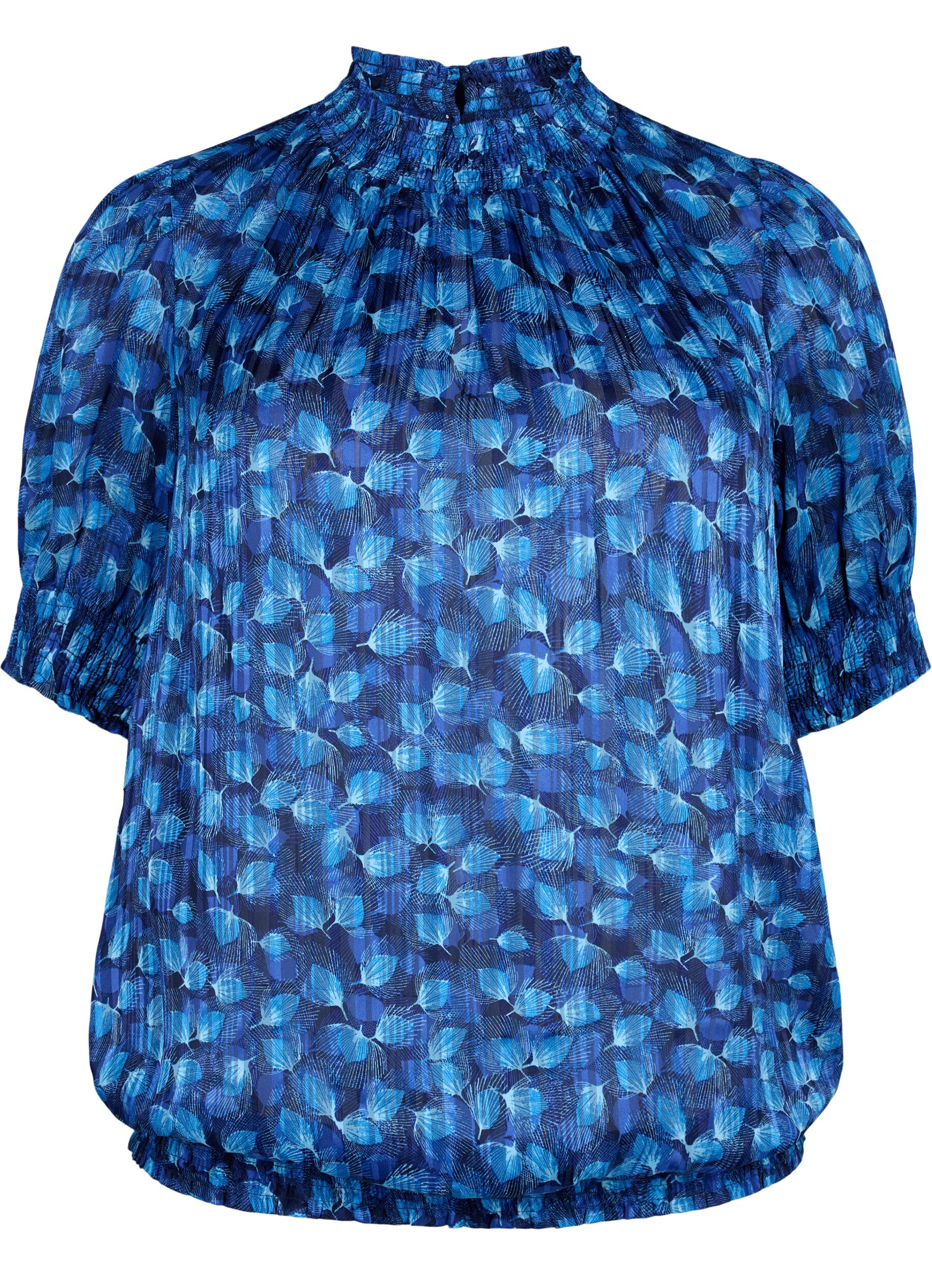 ZizziKurz&auml;rmelige gesmokte Bluse mit Print, Navy Blazer Leaf AOP, Packshot image number 0