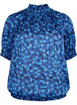 Kurzärmelige gesmokte Bluse mit Print, Navy Blazer Leaf AOP, Packshot image number 0
