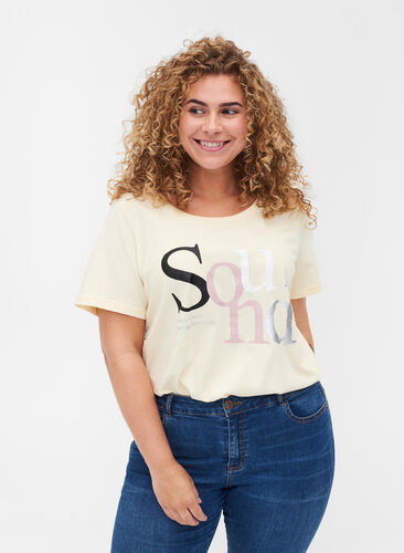 T-Shirt aus Bio-Baumwolle mit Aufdruck, Light Yellow, Model image number 0