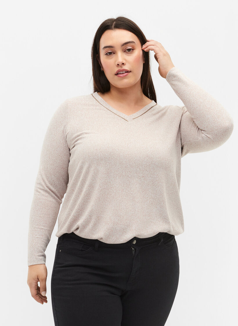 Bluse mit V-Ausschnitt und langen Ärmeln, Beige, Model image number 0