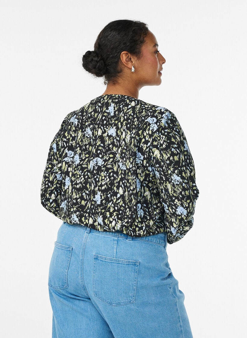 Langarmbluse mit Muster und Kn&ouml;pfen, Schwarz, Model image number 2