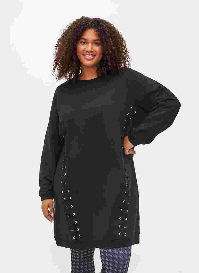 Sweat-Tunika aus Baumwolle mit Kordelzug, Black, Model image number 0