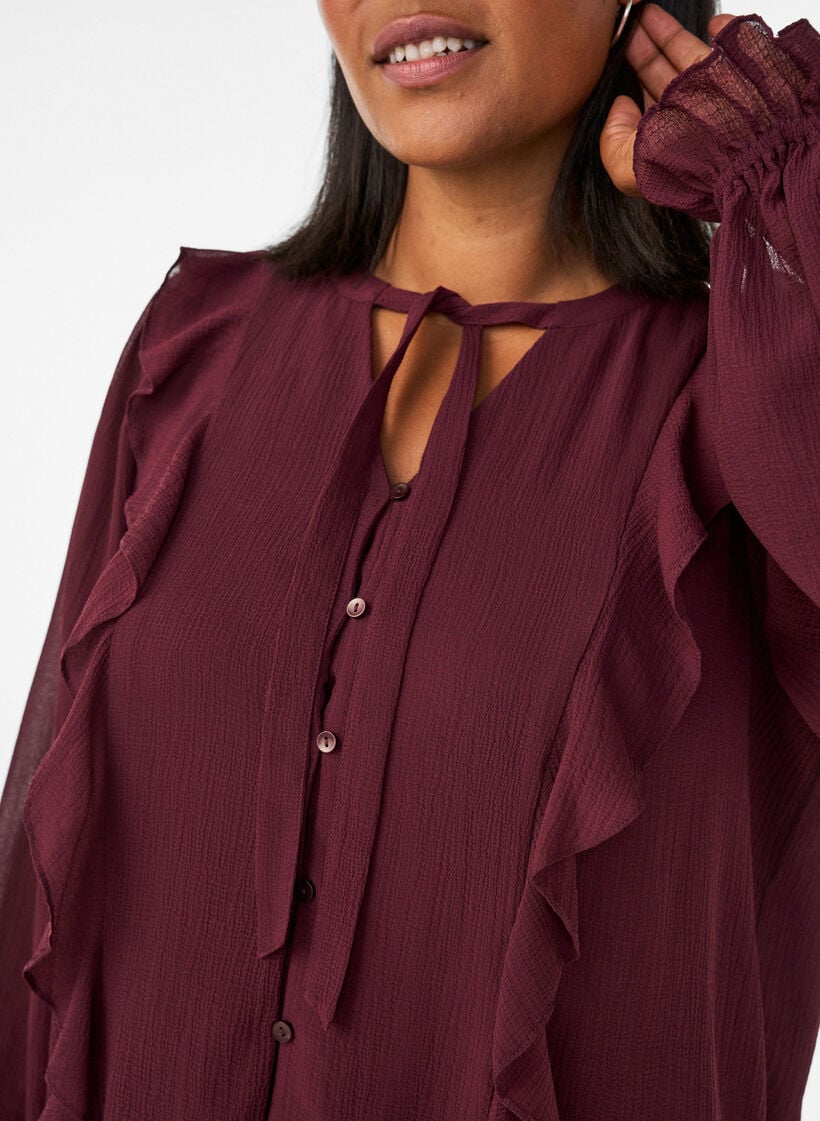 Transparente Bluse mit R&uuml;schen und Bindeband, Rot, Model image number 3