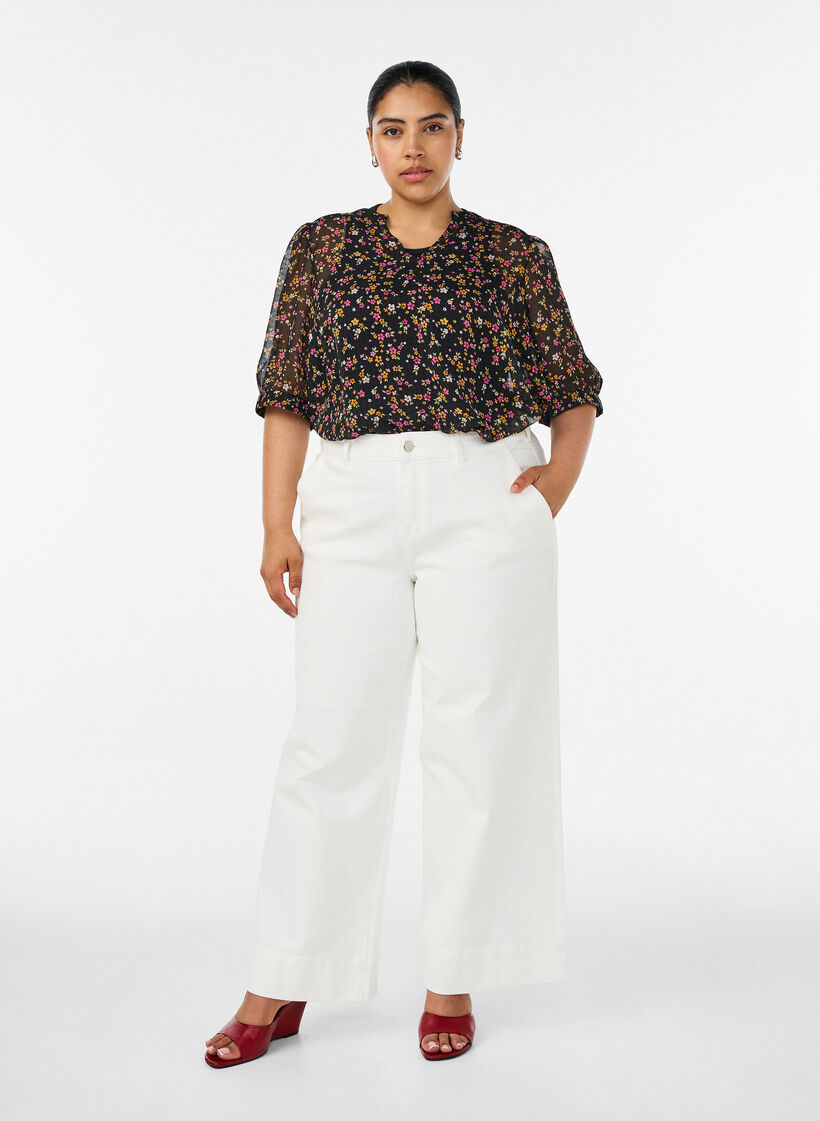 Gebl&uuml;mte Bluse mit V-Ausschnitt, Schwarz, Model image number 1