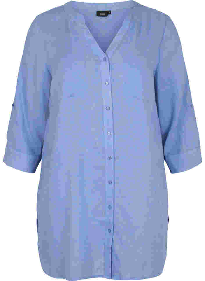 Lange Hemdbluse mit 3/4-Ärmeln und V-Ausschnitt, Ultramarine, Packshot image number 0