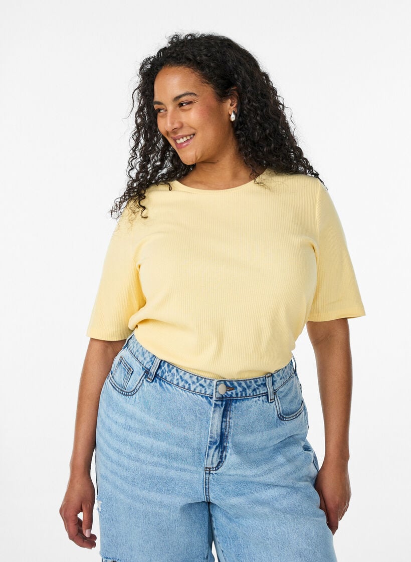 Bluse aus geripptem Jersey mit kurzen &Auml;rmeln, Gelb, Model image number 0