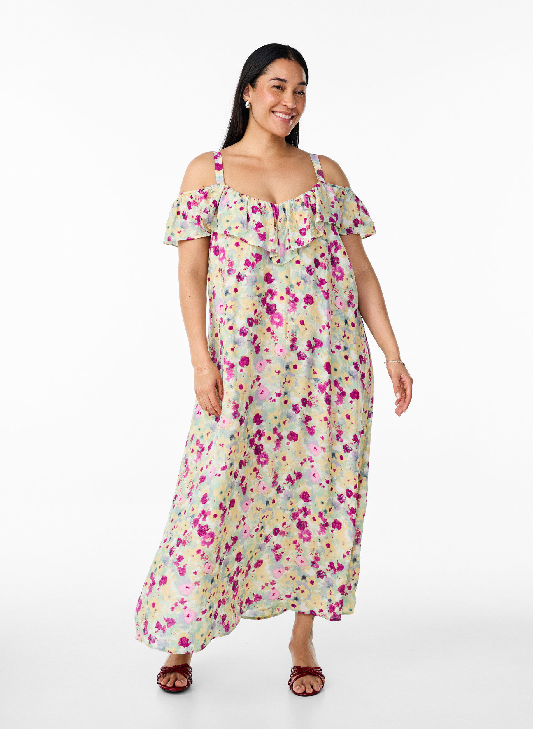 Blumiges Midi-Kleid mit Schulter-R&uuml;schen, Vanille, Model