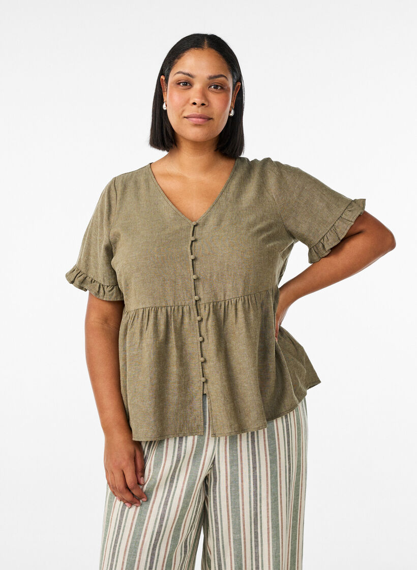 Bluse aus Leinen und Viskose mit V-Ausschnitt und Knopfverschluss, Gr&uuml;n, Model image number 0
