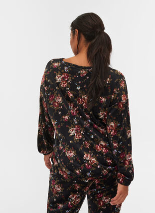 Bluse aus Velours mit Blumenprint und langen Ärmeln, Flower AOP, Model image number 1