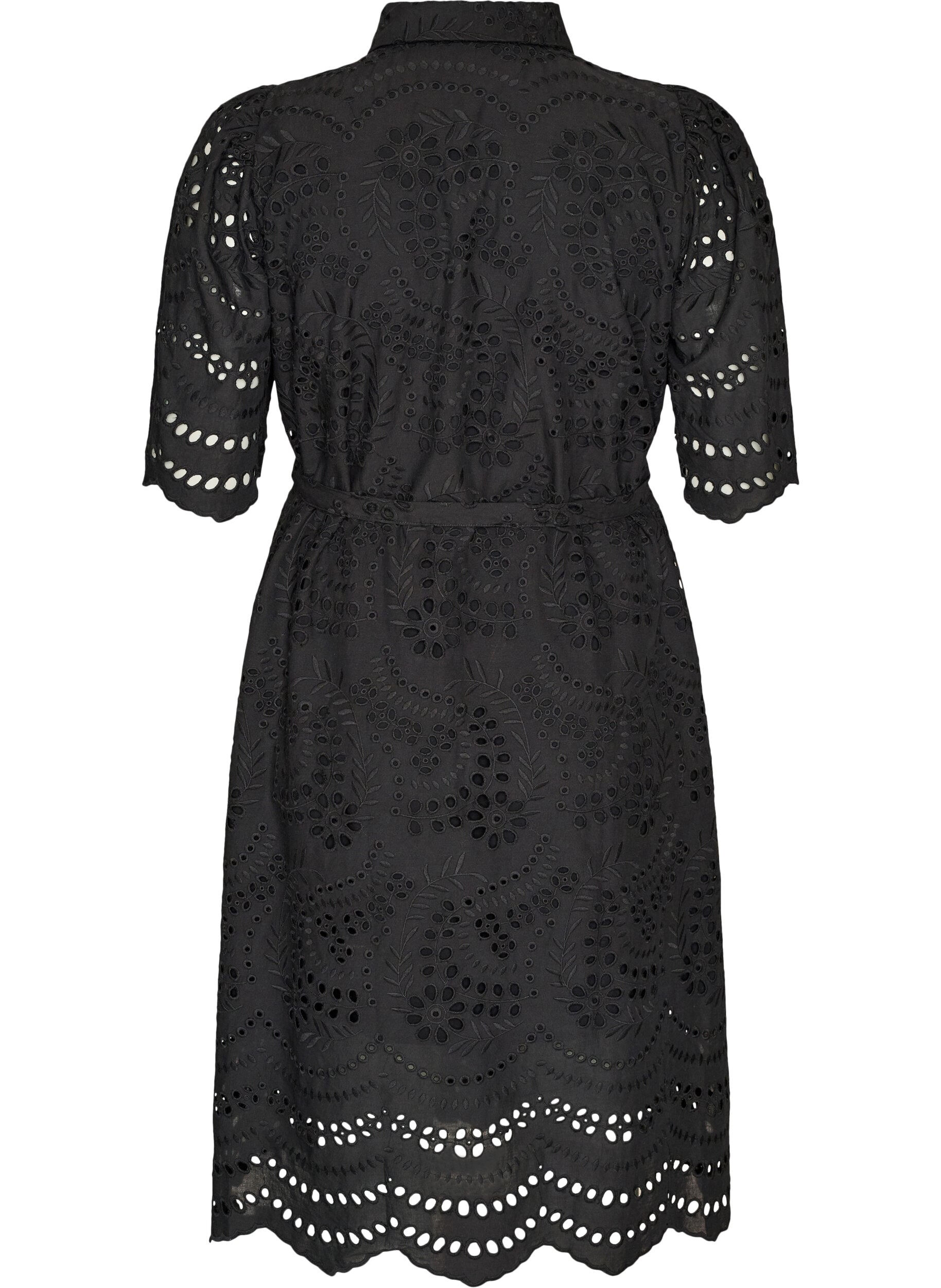 ZizziHemdblusenkleid aus Broderie Anglaise mit Bindeg&uuml;rtel, Schwarz, Packshot image number 1