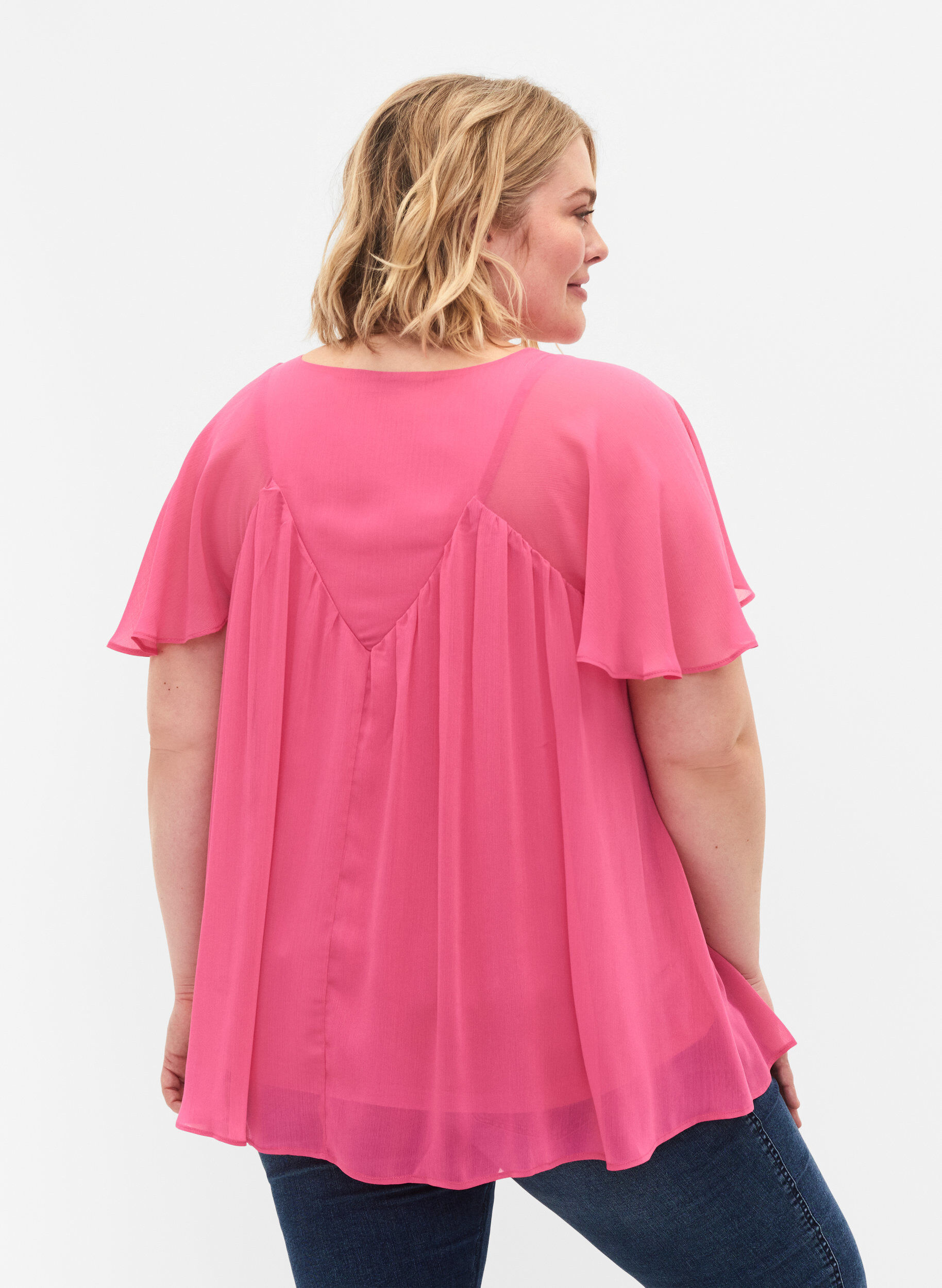 ZizziEinfarbige Bluse mit Fledermaus&auml;rmeln und V-Ausschnitt, Shocking Pink, Model image number 1