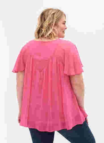 Einfarbige Bluse mit Fledermausärmeln und V-Ausschnitt, Shocking Pink, Model image number 1