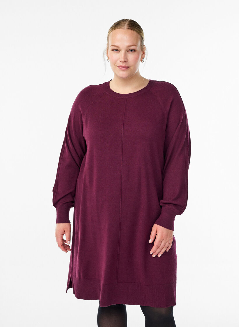 Strickkleid mit Raglanärmeln und Mittelnaht, Dunkles Bordeaux, Model image number 0