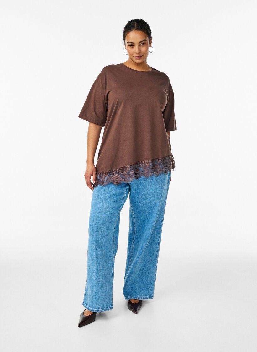 T-Shirt mit asymmetrischem Spitzensaum, Braun, Model image number 1