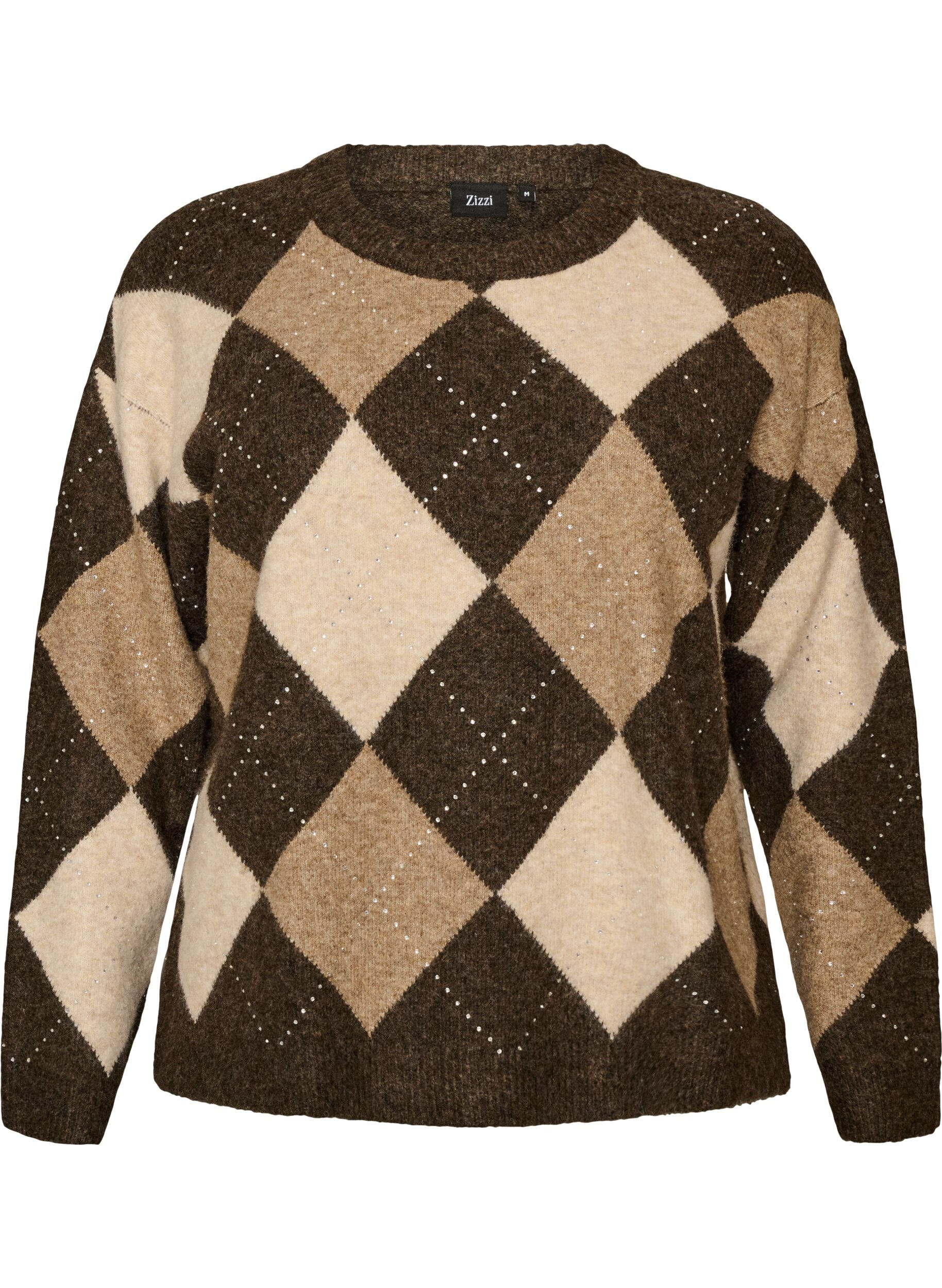 ZizziStricktop mit Argyle-Muster und Strasssteinen, Braun, Packshot image number 0