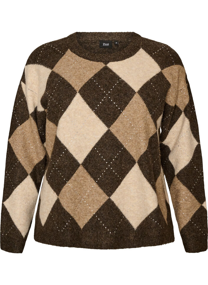 Stricktop mit Argyle-Muster und Strasssteinen, Braun, Packshot image number 0