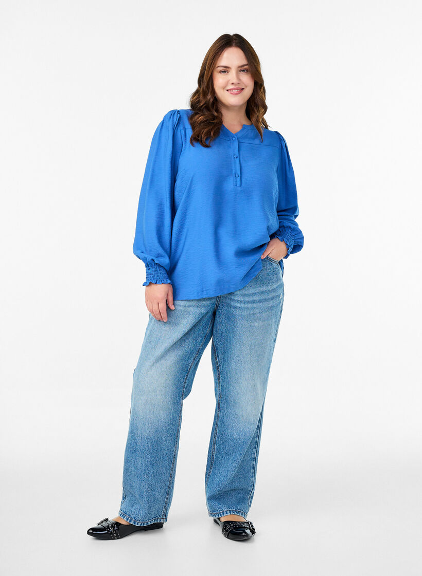 Viskose-Bluse mit Puff&auml;rmeln und gerafften Details, Blau, Model image number 1
