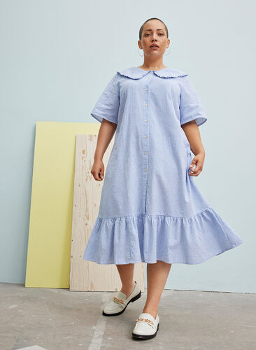 Kurzarm Kleid aus Baumwolle mit Streifen, Blue Stripe, Image image number 0