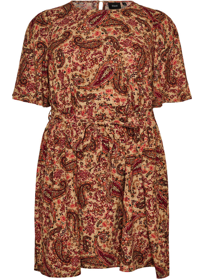Kleid mit Paisleymuster und Bindeg&uuml;rtel, Braun, Packshot image number 0