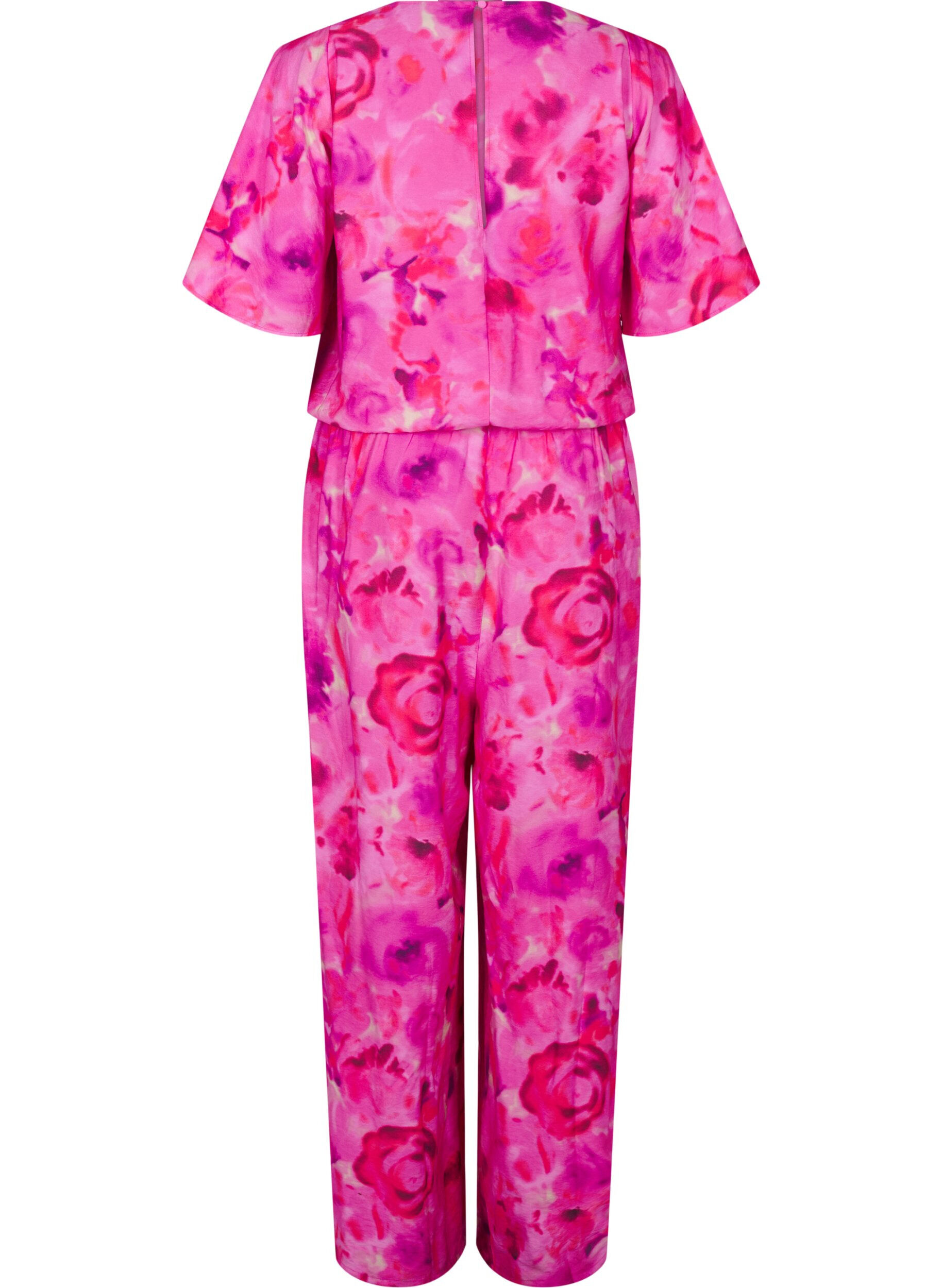 ZizziGebl&uuml;mter Jumpsuit mit Fledermaus&auml;rmeln, Pink Rose AOP, Packshot image number 1