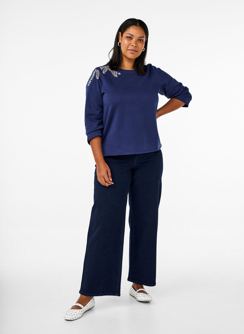 Kurzer Sweatshirt mit Perlendetails, Blau, Model image number 1