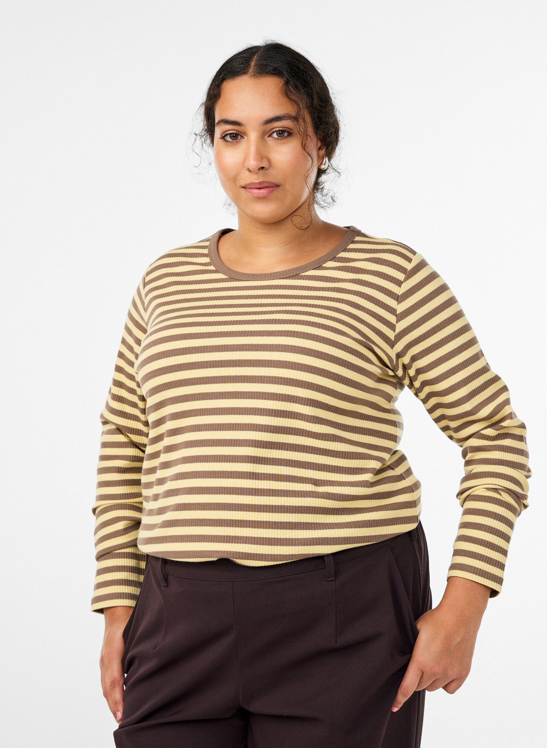 ZizziGestreifte Bluse mit langen &Auml;rmeln, Braun, Model image number 0