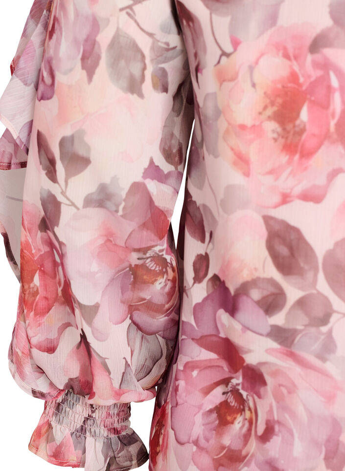 Gebl&uuml;mte Bluse mit V-Ausschnitt und R&uuml;schen&auml;rmeln, Rot, Packshot image number 3