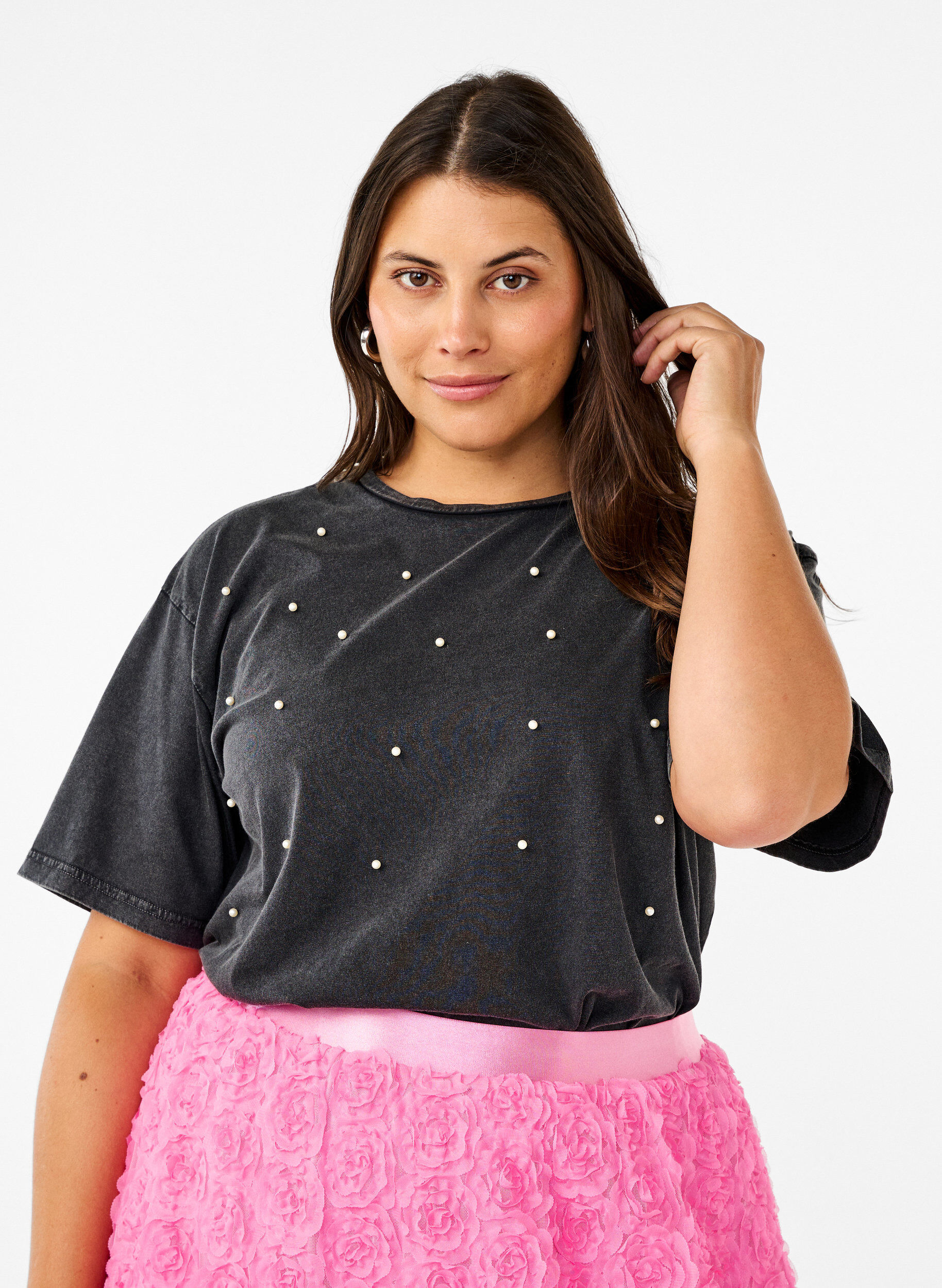 ZizziT-Shirt mit Perlen, Grey washed, Model image number 0