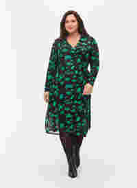 Wickelkleid mit Print aus Mesh, Black Green , Model