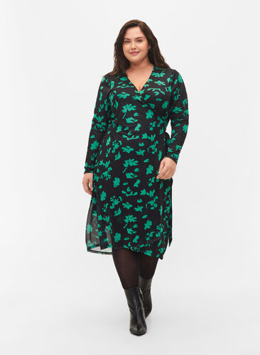 Wickelkleid mit Print aus Mesh, Black Green , Model image number 0