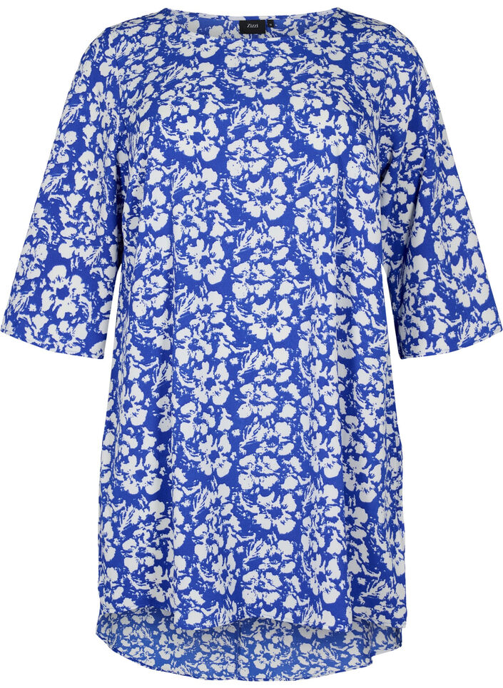Kleid mit Print und 3/4 Armen, Blue White Flower, Packshot image number 0
