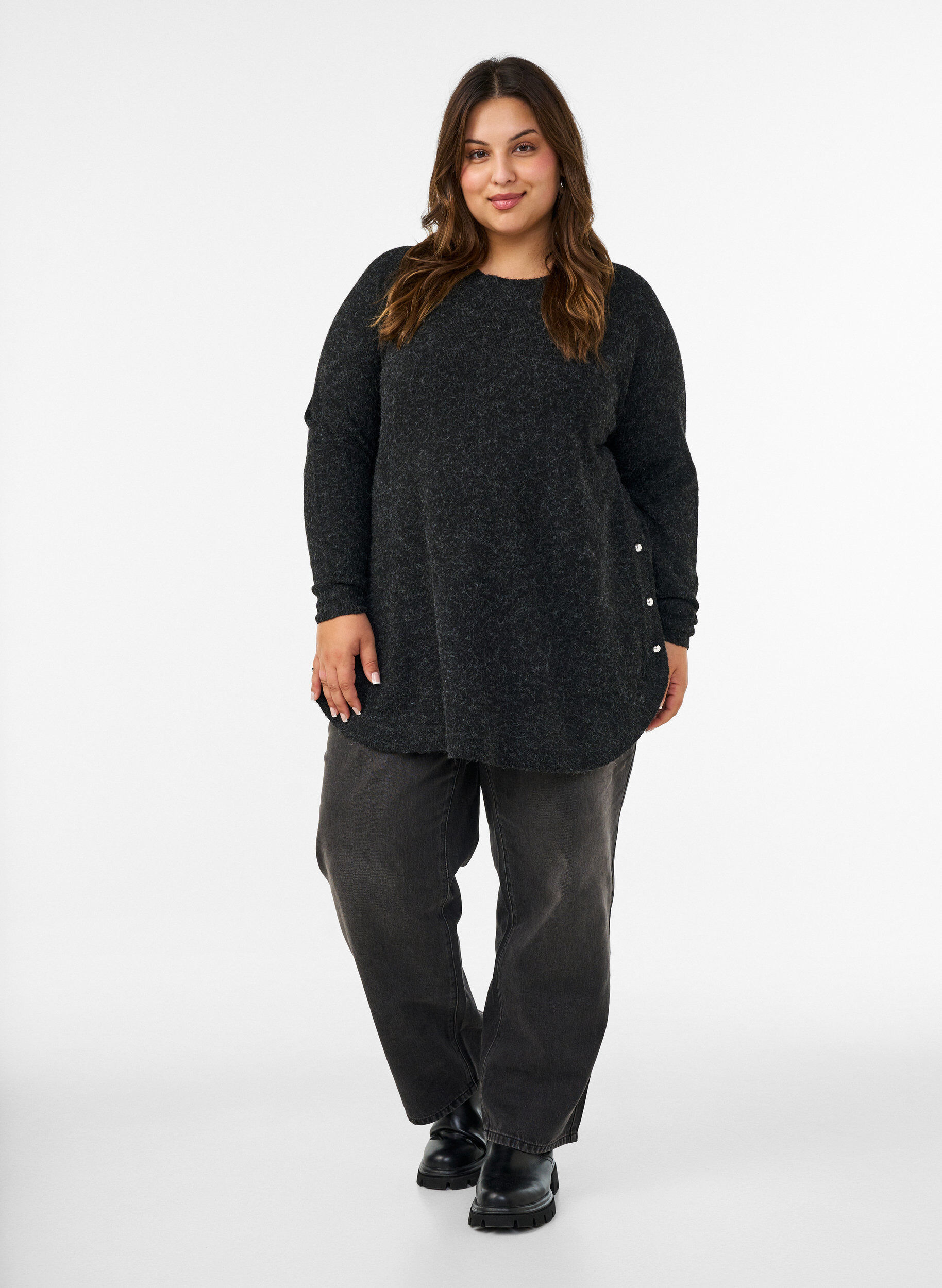ZizziLange Strickbluse mit Kugelkn&ouml;pfen, Grau, Model image number 1