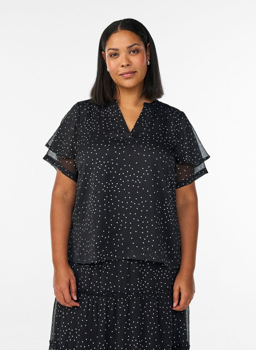 Chiffonbluse mit Polka Dots und Volant&auml;rmeln, Schwarz, Model image number 0