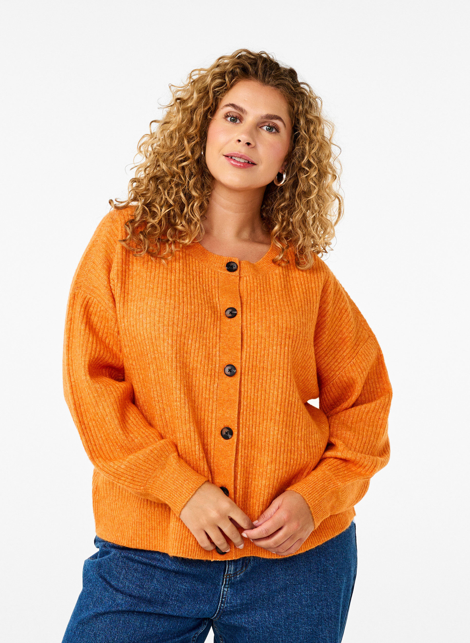 ZizziRippenstrick Strickjacke mit Kn&ouml;pfen, Orange, Model image number 0