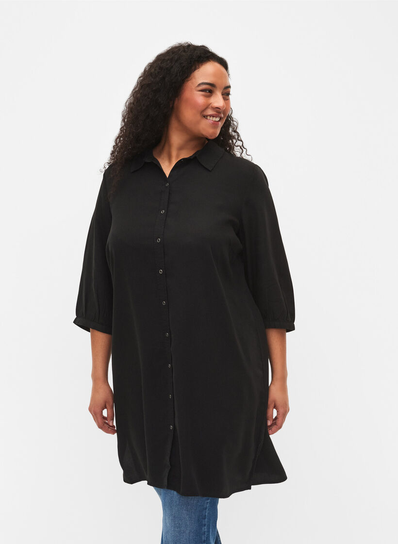 Langes Hemd mit 3/4-Ärmeln aus Lyocell (TENCEL™), Black, Model image number 0